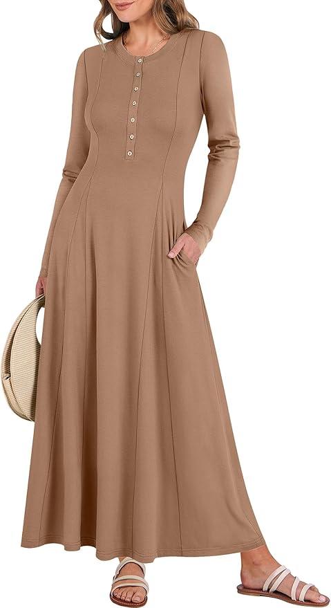 ANRABESS Women's Long Sleeve Maxi Dress 2026 Spring Casual Button Fit & Flare A-Line Flowy Dress for Office Daily Wear M