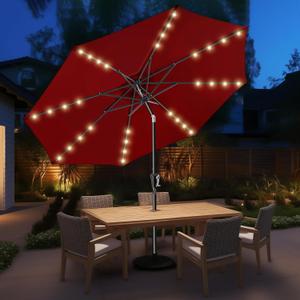 9ft Solar Patio Umbrella - Solar Lights LED Lighted Outdoor Market Table Umbrella, UPF50+ UV Protection with Push Button Tilt, Crank for Pool Deck and Garden (Burgundy Red)