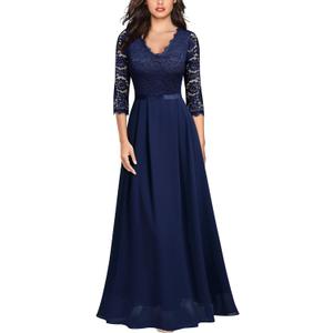 MISSMAY Women's Formal Floral Lace 2/3 Sleeves Long Evening Party Maxi Dress (Blue, M)