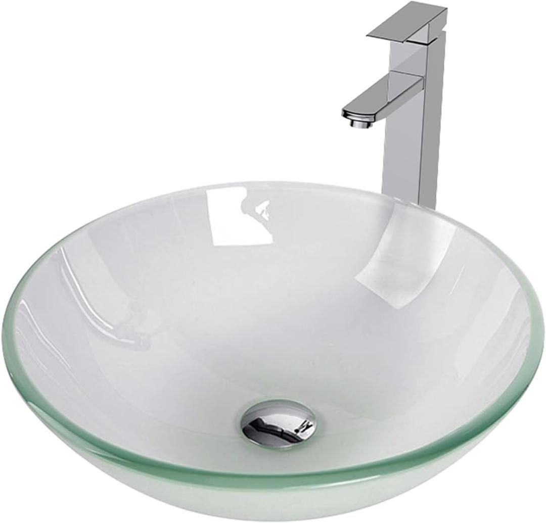 Bathroom Vessel Sink, Tempered Glass Vanity Round Bowl with Chrome Faucet and Pop up drain Set, Frosted