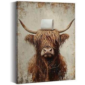 Highland Cow Funny Bathroom Canvas Wall Art Rustic Brown Cute Cow Animal Painting Picture Wall Decor Vintage Farmhouse Poster Print Artwork for Bath Restroom Home Decoration FRAMED