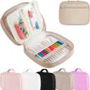 Crochet Hook Case, Lightweight Crochet Hook Organizer with Clear Zipper Pockets, Crochet Hook Holder for Knitting Needle Storage, Gift for Women and Crochet Enthusiasts (Light Brown)