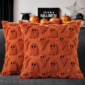 MIULEE Halloween Pillow Covers Cute Ghost Spooky Throw Pillows Set of 2 Soft Plush Faux Fur Fall Decorative Cushion Covers for Couch Sofa Bed Porch Living Room Autumn Decor 18x18 inch Burnt Orange