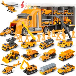 25 in 1 Die-cast Pull Back Construction Truck Vehicle Toys for 3-7Year Old Boy, Sounds and Lights in Large Carrier Truck, Age3+ Kids Child Boy Toy Cars Birthday Gifts