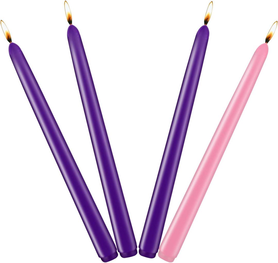 Christmas Advent Candles, Unscented Dripless 10 Inch Tall Long Thin Colored Wax Tapered Candlesticks for Seasonal Celebration, 4 Packs (3 Purple and 1 Pink) 8 Hours Burn Time
