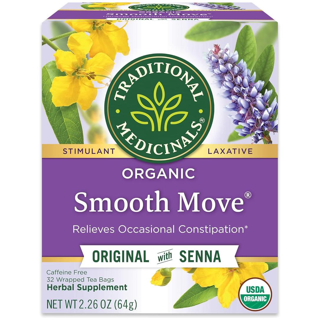 Traditional Medicinals Organic, Smooth Move Tea, Original with Senna - Helps Relieve Constipation Overnight - Kosher, Non-GMO, Caffeine-Free - 32 Tea Bags, Best Before Date 08/20/2028