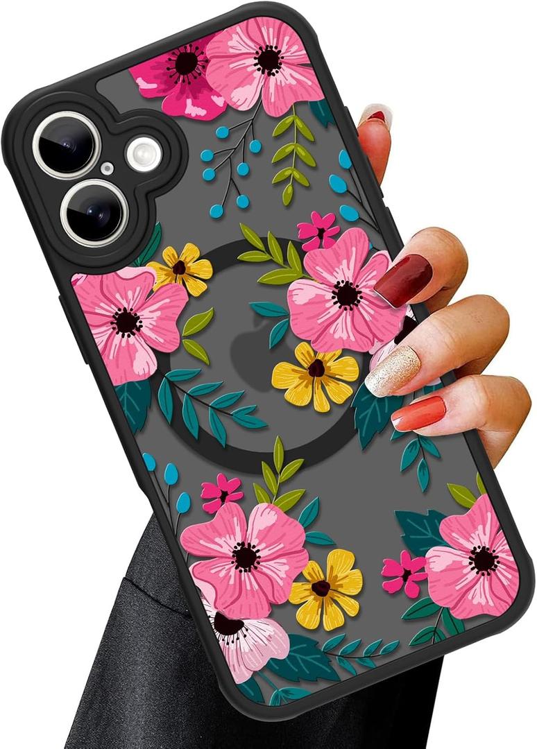 OOK Magnetic Case for iPhone 16 (6.1")  Slim Translucent Matte Black Cover with Pink Flower Design [MagSafe Compatible] Camera Protection, Lightweight & Stylish