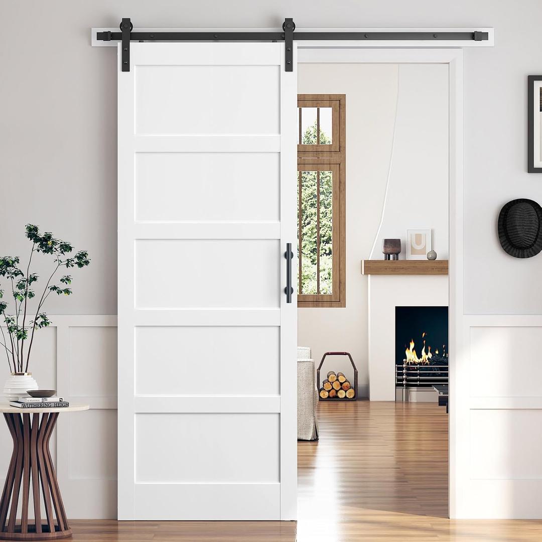 ROYMELO 36x96 Inch White Sliding Barn Door Slab with 6.6ft Hardware Kit Included, 5-Panel, MDF Wood Panel Covered with Water-Proof Scratch-Proof PVC Surface, Simple DIY Assembly