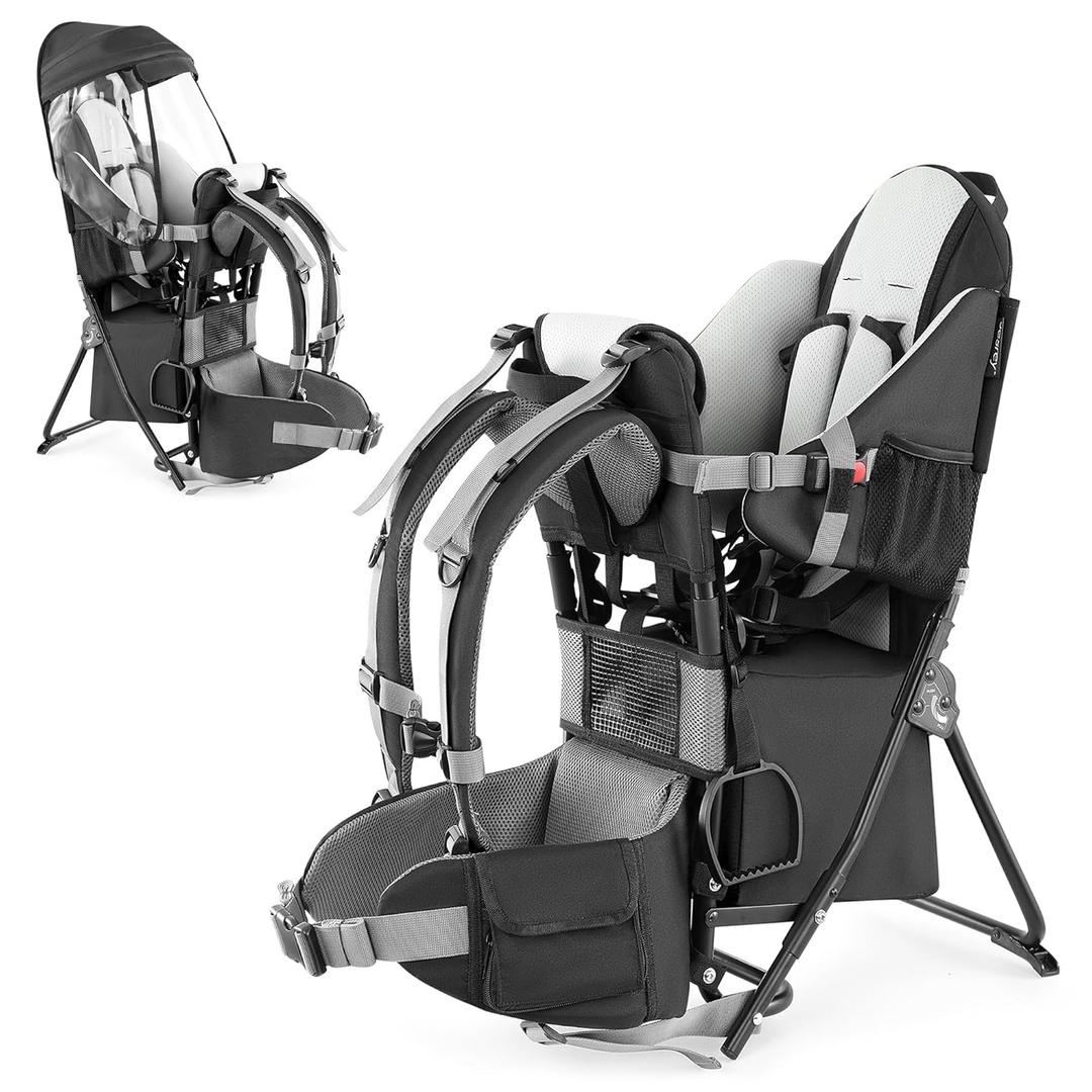 besrey Baby Backpack Carrier, Toddler Hiking Backpack with Safety 3-Height Seat, Adjustable Straps&Waist Belt, Foldable Frame Lightweight Large Capacity Child Carrier for Hiking (Black)