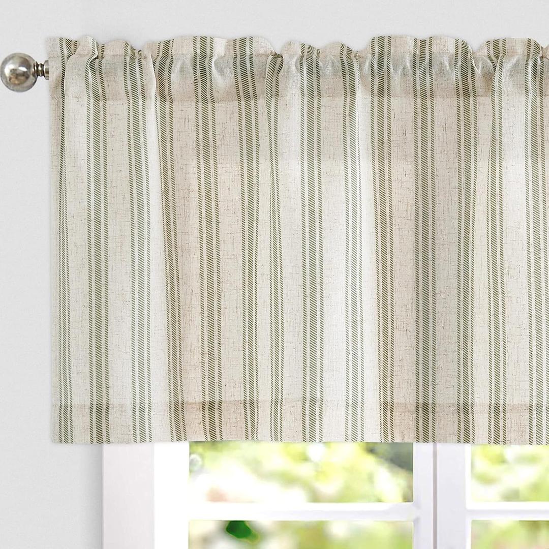 Jinchan Striped Valance Farmhouse Window Treatment Linen- Polyester Textured Drapes for Small Windows Kitchen Living Room RV Vintage Light Filtering Valance 16 Inch Rod Pocket 1 Panel Green on Beige