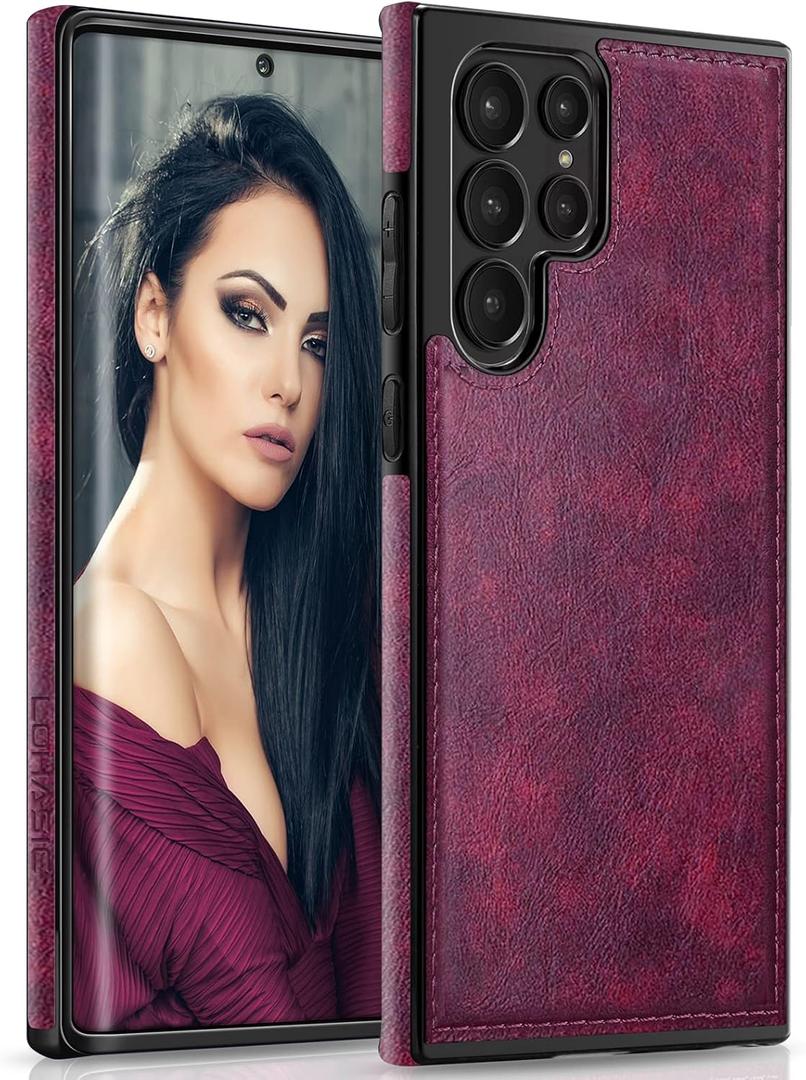 LOHASIC for Galaxy S22 Ultra 5G Case, Luxury Elegant PU Leather Flexible Bumper Rugged Non-Slip Grip Shockproof Full Body Protective Cover Women Cases for Samsung Galaxy S22 Ultra 6.8 inch - Magenta