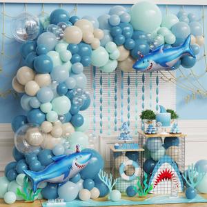Ocean Under the Sea Birthday Party Decorations 153Pcs Shark Balloon Garland Arch Kit Dusty Blue Green White Sand Balloon with Shark Foil Balloons for Kids Boys Shark Week Ocean Animals Baby Shower