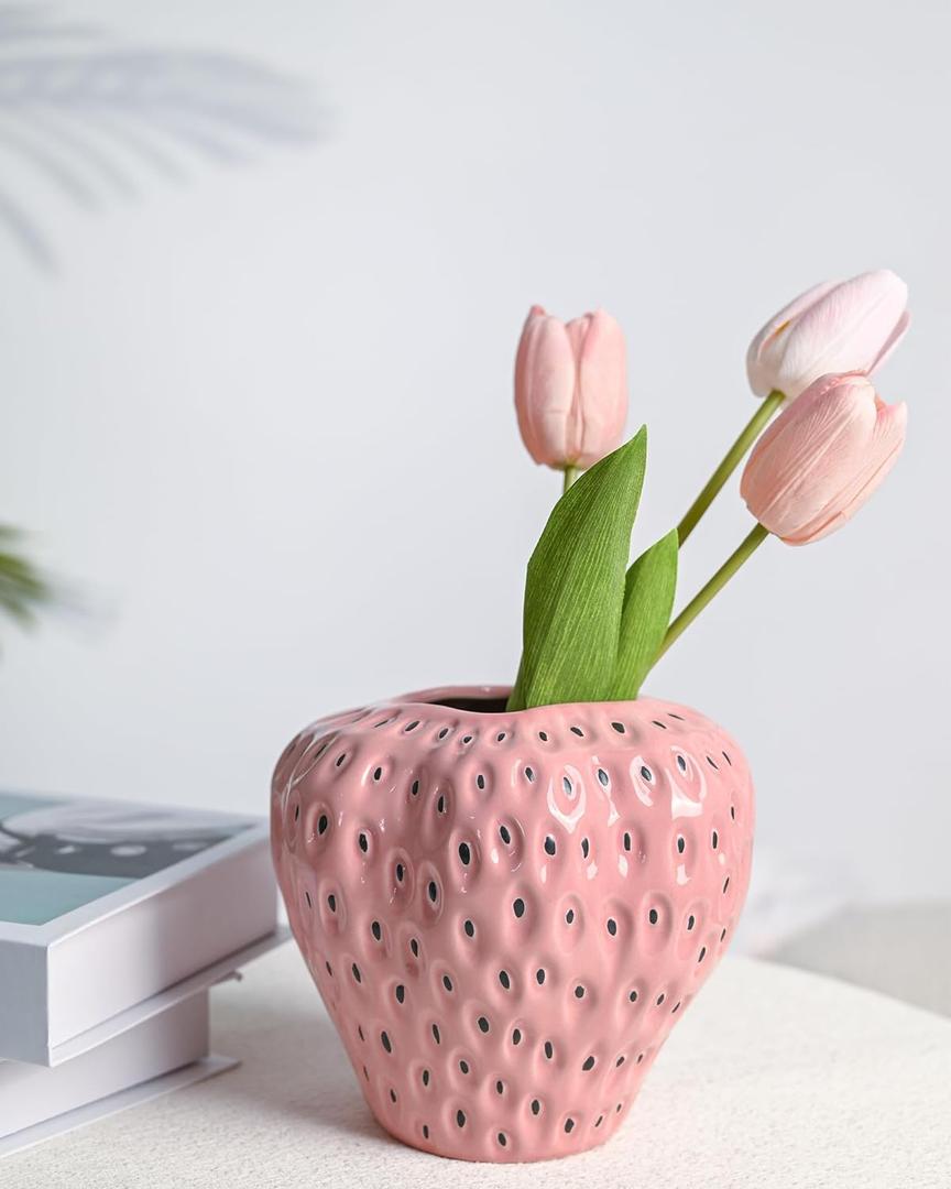 DN DECONATION Pink Strawberry Vase for Flower, Strawberry Shaped Planter Pot for Girls, Unique Ceramic Fruit Vases for Strawberry Party Kitchen Decorations, for Mom&Grandma (6.5 Inch)