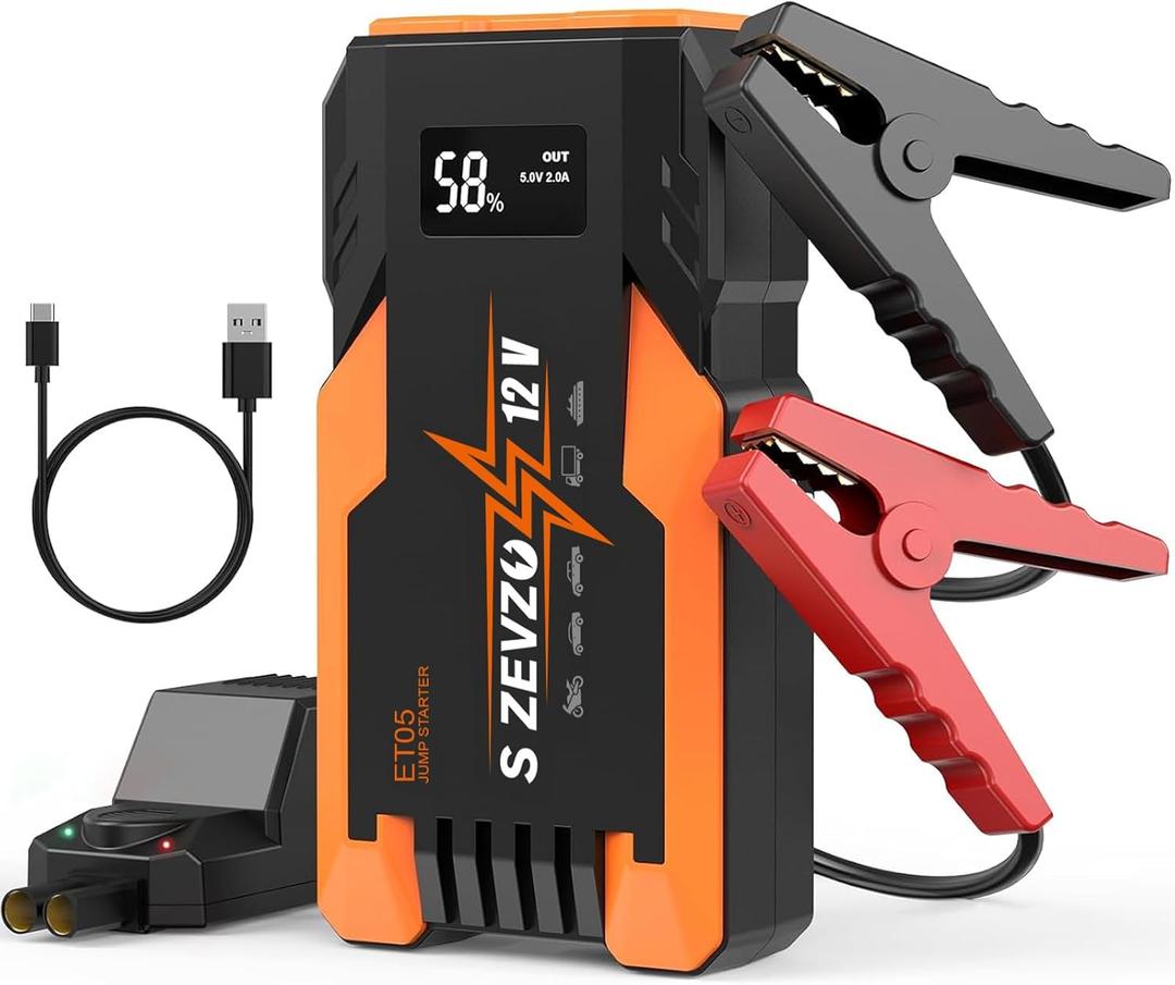 S ZEVZO ET05 Jump Starter 3000A Portable Car Jump Starter Battery Pack (7.2L Gas/ 5.5L Diesel), 51.8Wh 12V Jump Box with USB Ports, LCD Display and 3 Modes Flashlight (Black/Orange)