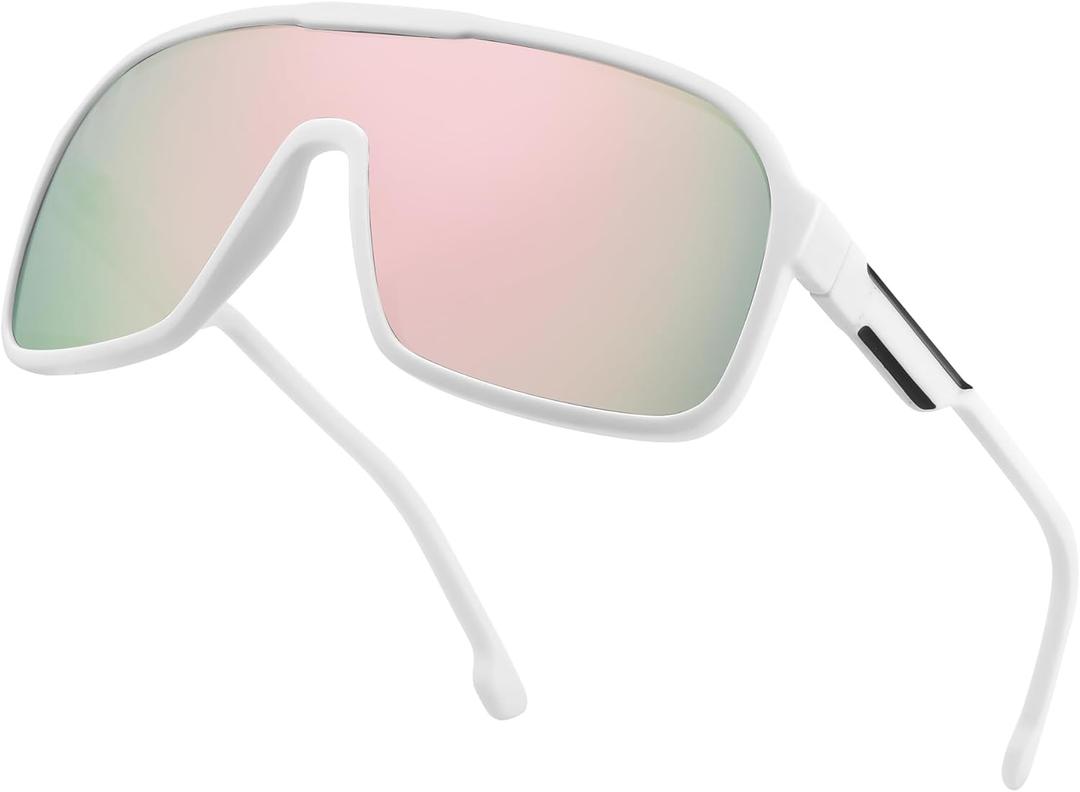 FEISEDY Fashion Polarized Sunglasses Oversized One Piece Reflective Lens Sports Sun Glasses B0122 (White/Pink Mirror)