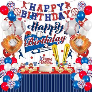 Baseball Birthday Party Decorations, Baseball Balloons Party Supplies, Including 40 Navy Blue Balloons, Theme Background, Tablecloth, Happy Birthday Banner, Cupcake/Cake Toppers