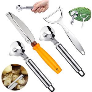 Lothee 4 Pcs Cactus Peeler Tools Set, Peeler Spoon, Stainless Steel Cactus Paring Knife Long Handle with Hole Slicing Noodle Cutter for Kitchen Cooking, Cuchara Multi-function Pelador De Nopales