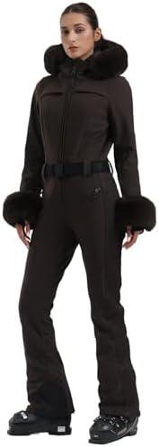 GSOU SNOW Womens Ski Suit One Piece Snowsuit Snowboard Jacket Slim Snow Jumpsuit Faux Fur Ski Outfit Waterproof M