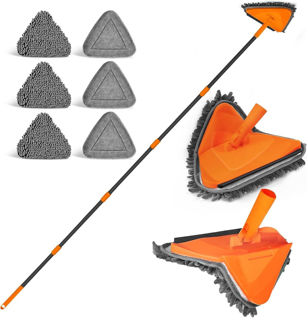 JEHONN Wall Mop with Long Handle 80 inches, Upgraded 180 Collapsible Baseboard Cleaner Tool with Squeegee, Ceiling Duster with 3 Microfiber and 3 Chenille Pads for Cleaning Window, Cabinet (Orange)