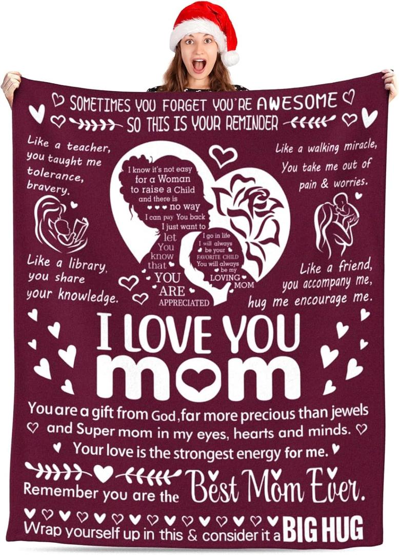 I Love You Mom Blanket for Mom, Valentines Gifts for Mom from Daughter Son, Birthday Gifts for Women Who Has Everything, Blanket Gift for Her, I Love You Mom Throw Blanket 60"x50", Burgundy