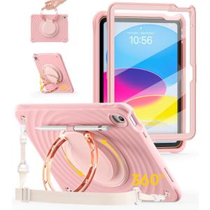BRAECN Ripple Case for iPad (A16)11th/10th Generation 11/10.9 inch 2025/2022 Zinc Alloy Handle Ring Stand Protective Heavy Duty Screen Protector 360Rotating 180Folding Shoulder Strap Full-Body Cover (Primrose Pink)