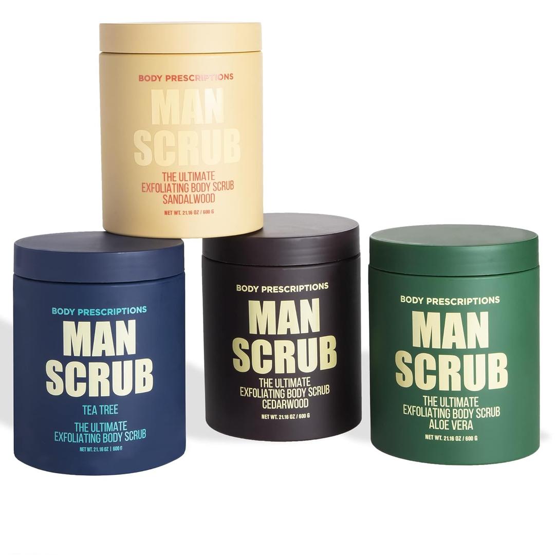 Body Prescriptions Mens Exfoliating Body Scrub Ultimate Skin Cleansing Wash in Jar with Twist-Top Lid, For All Skin Types, 21 Ounce (Pack of 4), Combo Pack