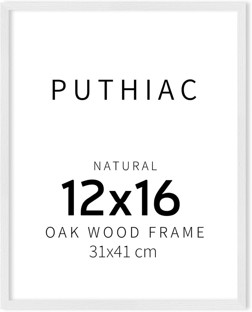 Puthiac 12x16 Solid Oak Wood Picture Frame, Fits 8x12 with Mat or 12x16 Without Mat, Wall Display Only, Vertical or Horizontal, Plexi Front, 1 Pack, White