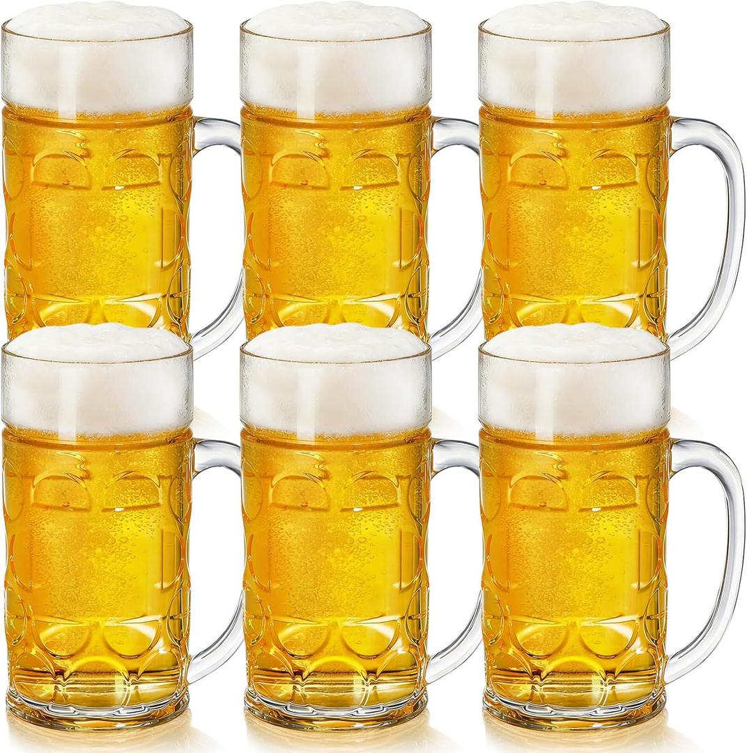 6 Pack Plastic Beer Mugs, 20 oz./600ml Beer Steins with Handles, Resuable Beer Drinking Cups, Clear Large Beer Mugs for Bar, Beverages, Alcohol, Freezable, BPA Free