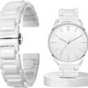 Juntan 7" Ceramic Watch Band Quick Release Watch Replacement Strap with Stainless Steel Butterfly Deployment Clasp Watch Bracelet for Women Men, White 