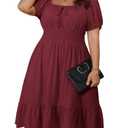 Eytino Women Plus Size Summer Dress Short Sleeve Square Neck Casual Mini Short Dresses Beach Vacation, 2X, Red Dahlia