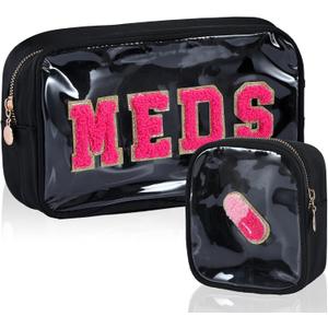 Hillban 2 Pcs Medicine Bag Chenille Letter Patch Meds Bags Travel Cases Preppy Clear Nylon Portable Makeup Bags Zipper Cosmetic Toiletry Storage for Women PVC Transparent Mini First Aid Bag(Basic)