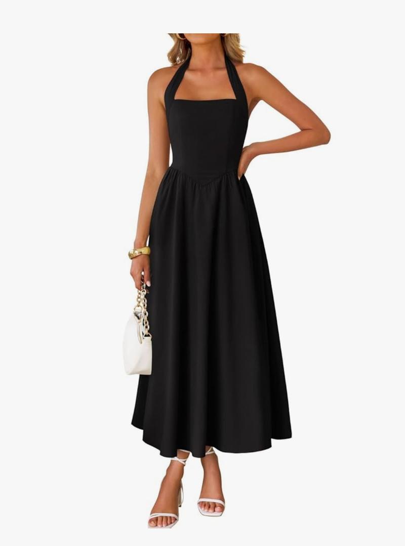 ZESICA Women's Summer Sleeveless Halter Midi Dress 2025 Off Shoulder High Waist Swing Flowy Beach Long Dresses L