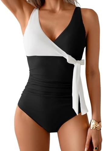 B2prity Women's One Piece Swimsuit Tummy Control Slimming Bathing Suit V Neck Swim Suit Color Block Tie Side Swimwear Size M