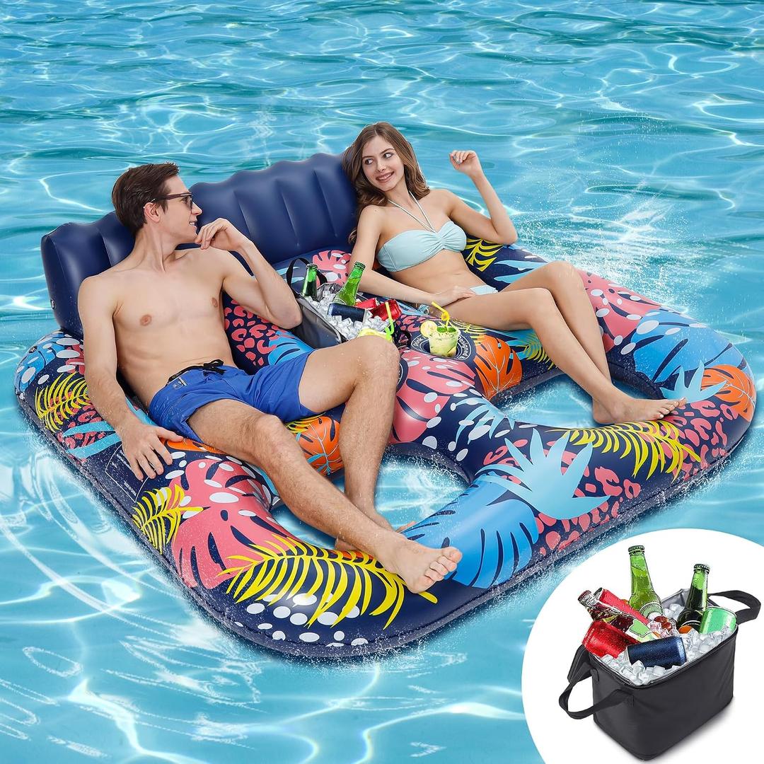 2-Person Inflatable Pool Floats Adult Heavy Duty, 71" x 61" Pool Lounger Float with Cup Holders & Backrest & Removable Insulated Cooler, Thickened Swimming Raft for Pool Party, Lake, Beach, River, XX-Large