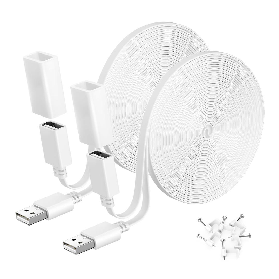 Itramax 2Pack 20FT Wyze Camera Extension Cable,USB Extension Cable Cord Compatible with Ring,WYZE Cam V4 V3,OG,Blink XT,Blink 4(4th Gen),Mini 2,Google Nest,Flat Weatherproof Power Extender Cable Wire (20FT/6M, White)