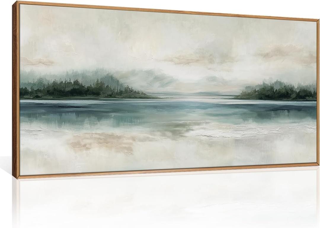 HOURIA Abstract Sage Green Beige Landscape Framed Canvas Wall Art Set, Watercolor Pastel Mirror Lake Mountain Wall Decor, Modern Neutral Natural Forest Scene Artwork for Living Room,Bedroom- 40"x20"x1