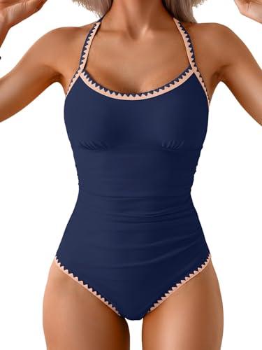 Eomenie Women's One Piece Swimsuit Tummy Control Slimming Bathing Suit Ruched Swimwear Tie Back Shell Stitch Swim Suit Navy Blue, Size: S Eomenie Women's One Piece Swimsuit Tummy Control Slimming Bathing Suit Ruched Swimwear Tie Back Shell Stitch Swim Suit Navy Blue, Size: S