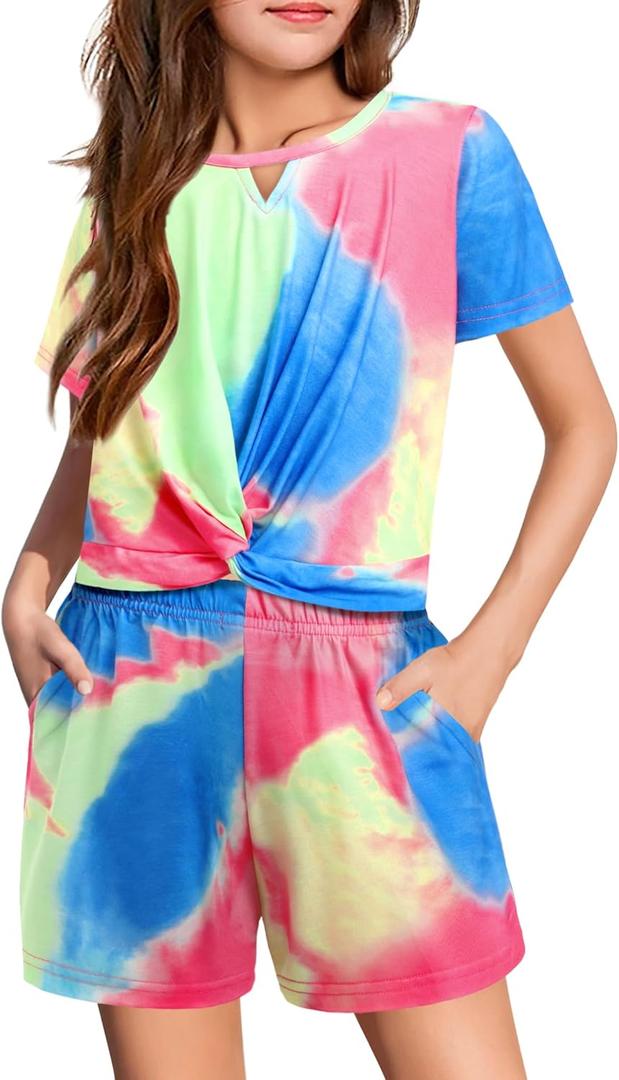 Arshiner Girls Summer 2 Piece Outfits Tie Dye Short Sets Casual Twist Front Short Sleeve Tops and Pant with Pockets 150