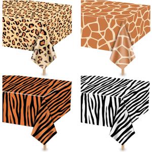 4Pcs Animal Print Table Cloths, Jungle Animal Theme Table Cover, Rectangular Leopard Tiger Zebra Giraffe Jungle Tablecloth for Zoo Safari Baby Showers Jungle Theme Birthday Decorations, 51x 86 Inch