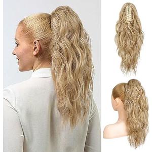Flufymooz Ponytail Extension, 18Inch Claw Clip Ponytail Extension, Wavy Curly Claw Clip in Ponytail Hair Extensions, Natural Fake Ponytail Synthetic Hairpiece for Women (Golden Blonde with Highlight)