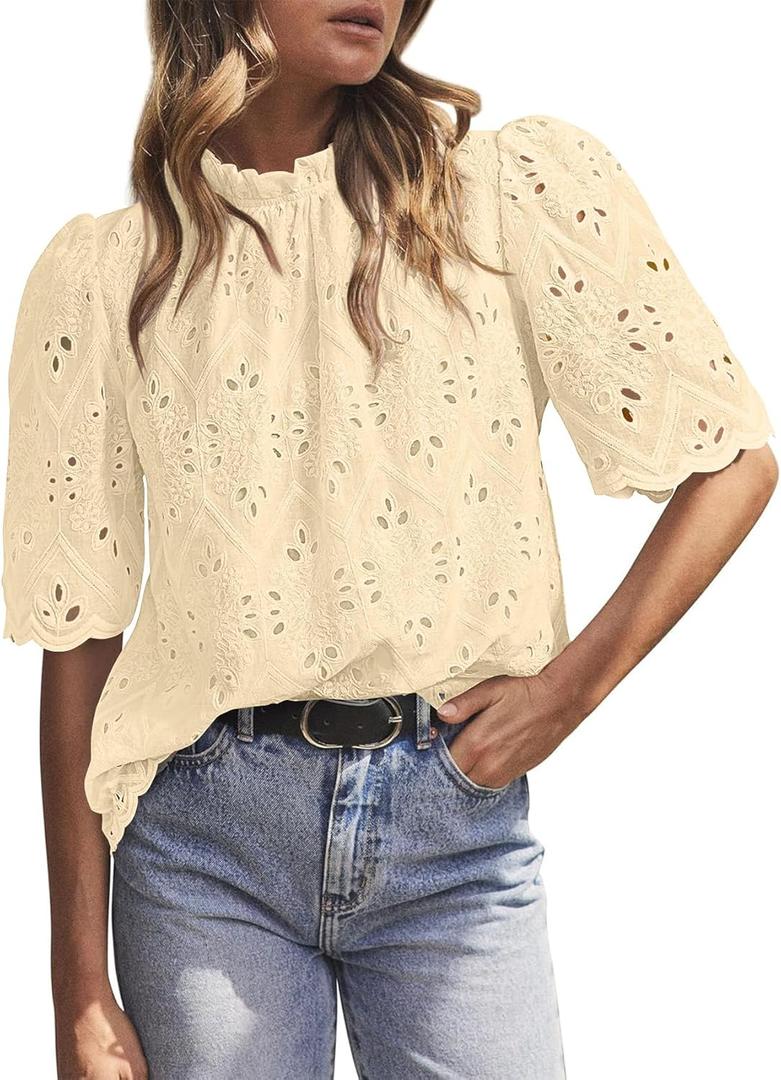 BETTE BOUTIK Womens Lace Tops 2025 Trendy Long Short Sleeve Eyelet Embroidered Dressy Casual Blouse Shirts (Small, Beige)