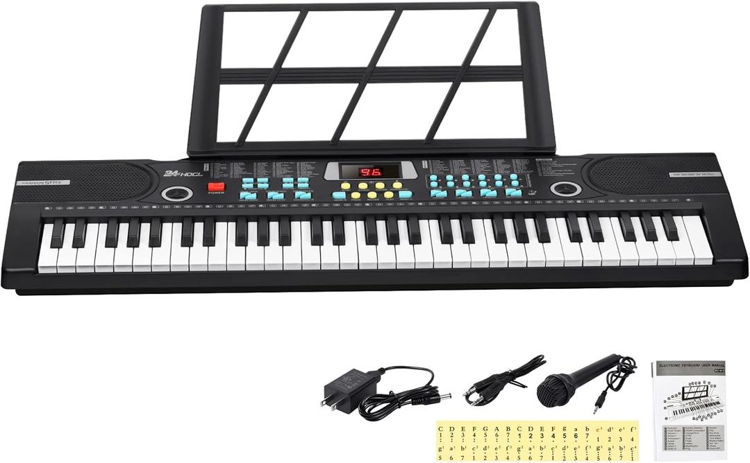 Kids Keyboard 61 Keys, Beginner Electronic Piano with One-Key Teaching 100 Tones & Rhythms, Portable Music Keyboard for Children with Microphone, Music Stand [Black, Compact]