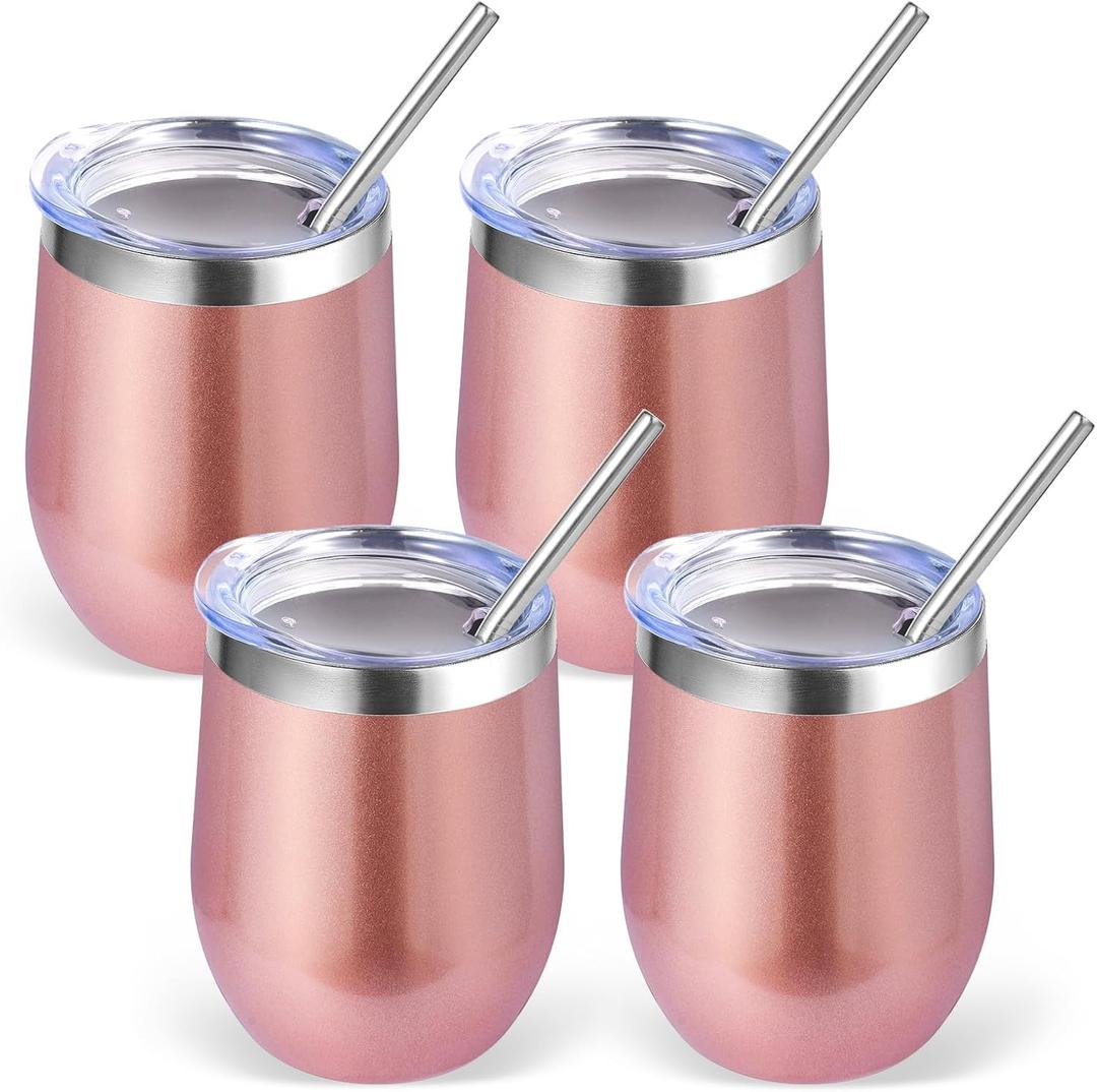Volhoply 12oz Stainless Steel Wine Tumbler with Lid Bulk 4 Pack,Double Wall Vacuum Stemless Wine Glasses,Reusable Metal Travel Coffe Mug with Straw,Insulated Cup Gifts for Christmas Rose Gold,4 Set