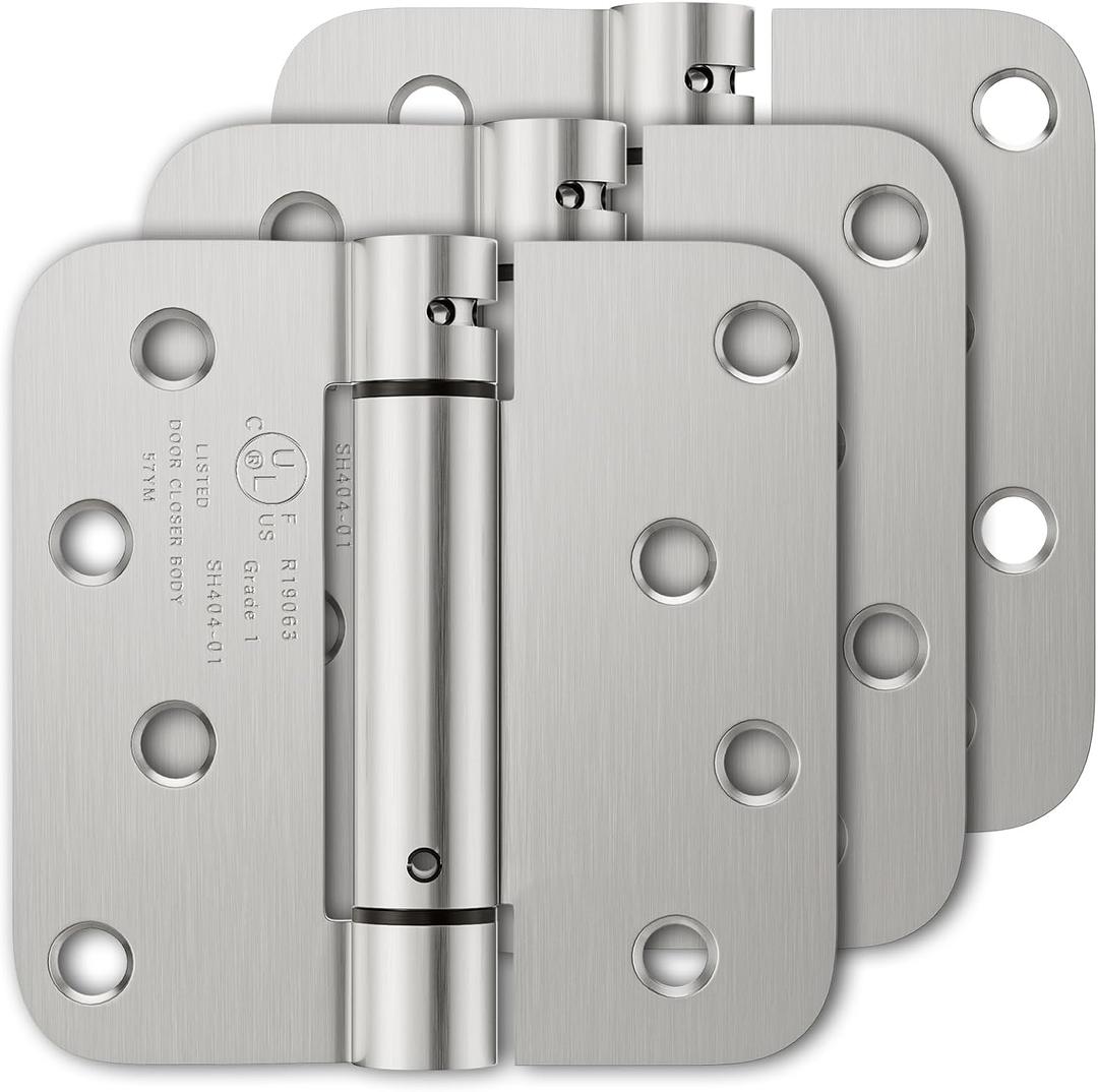 3 Pack Self Closing Door Hinges, 4 Inch Spring Loaded Door Hinges, Adjustable Tension for Garage, Front Door, Back Door, for Left and Right Hand Door, 5/8'' Radius Corners, UL Listed