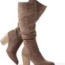 Putu Women's Pointed Toe Knee High Boots Faux Suede Slouch Boots with Chunky Heel, Size 9