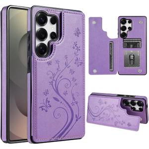 Korecase for Samsung Galaxy S25 Ultra Wallet Case with Card Holder,S25Ultra Butterfly Double Magnetic Back Flip PU Leather Kickstand Card Slots Cover for Girls Women for Galaxy S25 UltraPurple