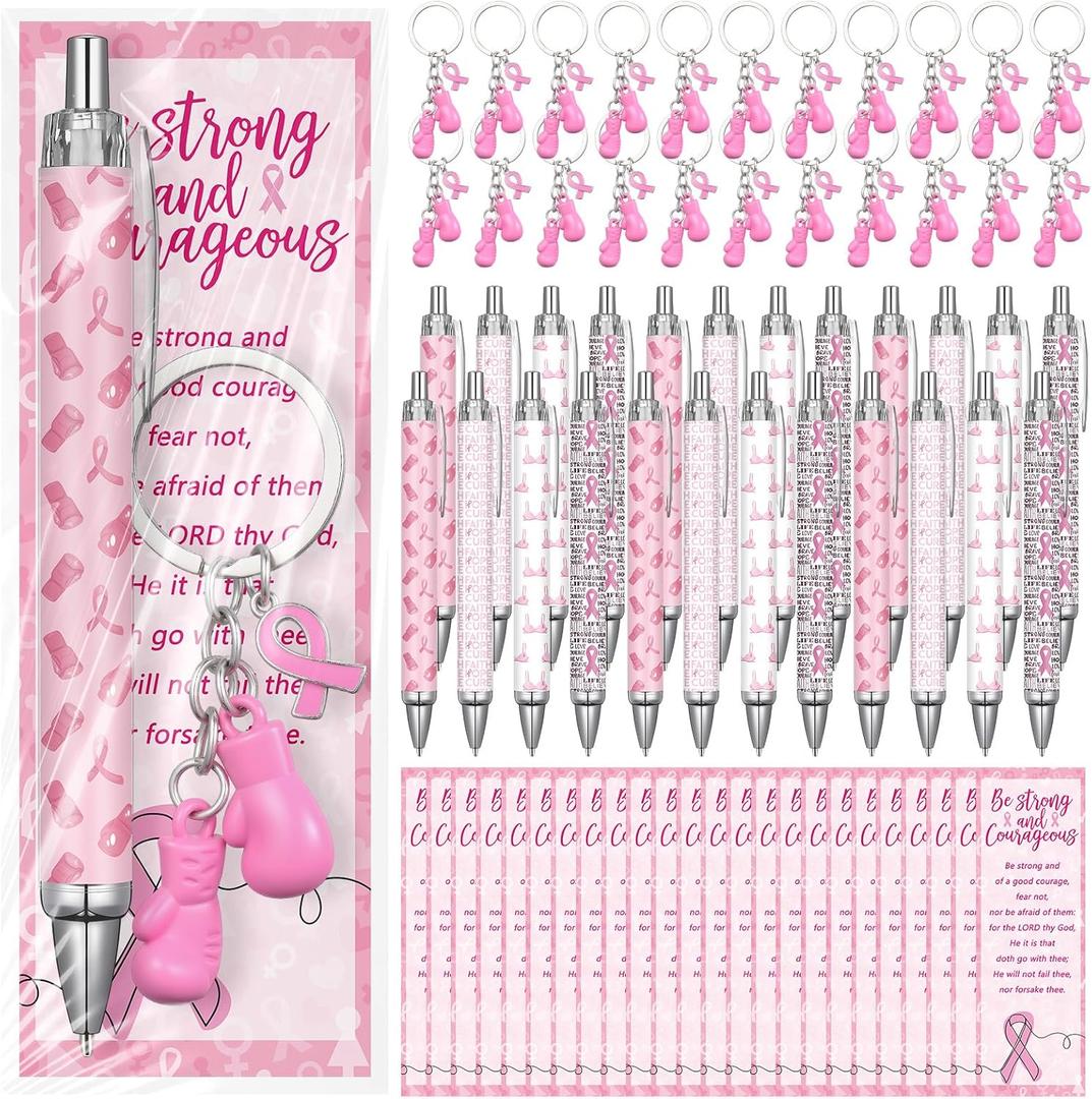 30 Sets Breast Cancer Care Awareness Boxing Glove Keychain Ballpoint Pens Inspirational Card Accessories for Public Charity