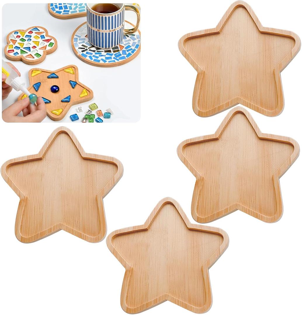 FKYzixeh Mosaic Bamboo Coasters, DIY Base Trays, Blank Coaster for DIY Crafts (4 Pcs Star Shape)