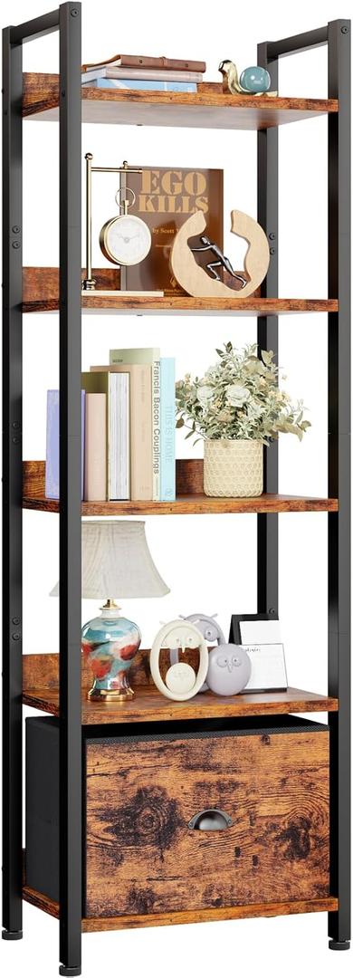 Furologee 5 Tier Bookshelf with Drawer, Tall Narrow Bookcase with Shelves, Wood and Metal Book Shelf Storage Organizer, Modern Display Standing Shelf Unit for Bedroom, Living Room, Office, Rustic Brown
