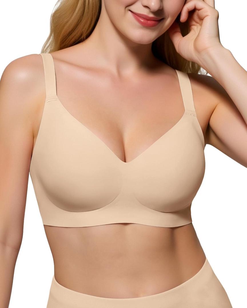 LUXMAY Wireless Comfortable Bra Seamless No Underwire Bras Full Coverage Push Up Women Wirefree Bras with Support Nude 38DDD